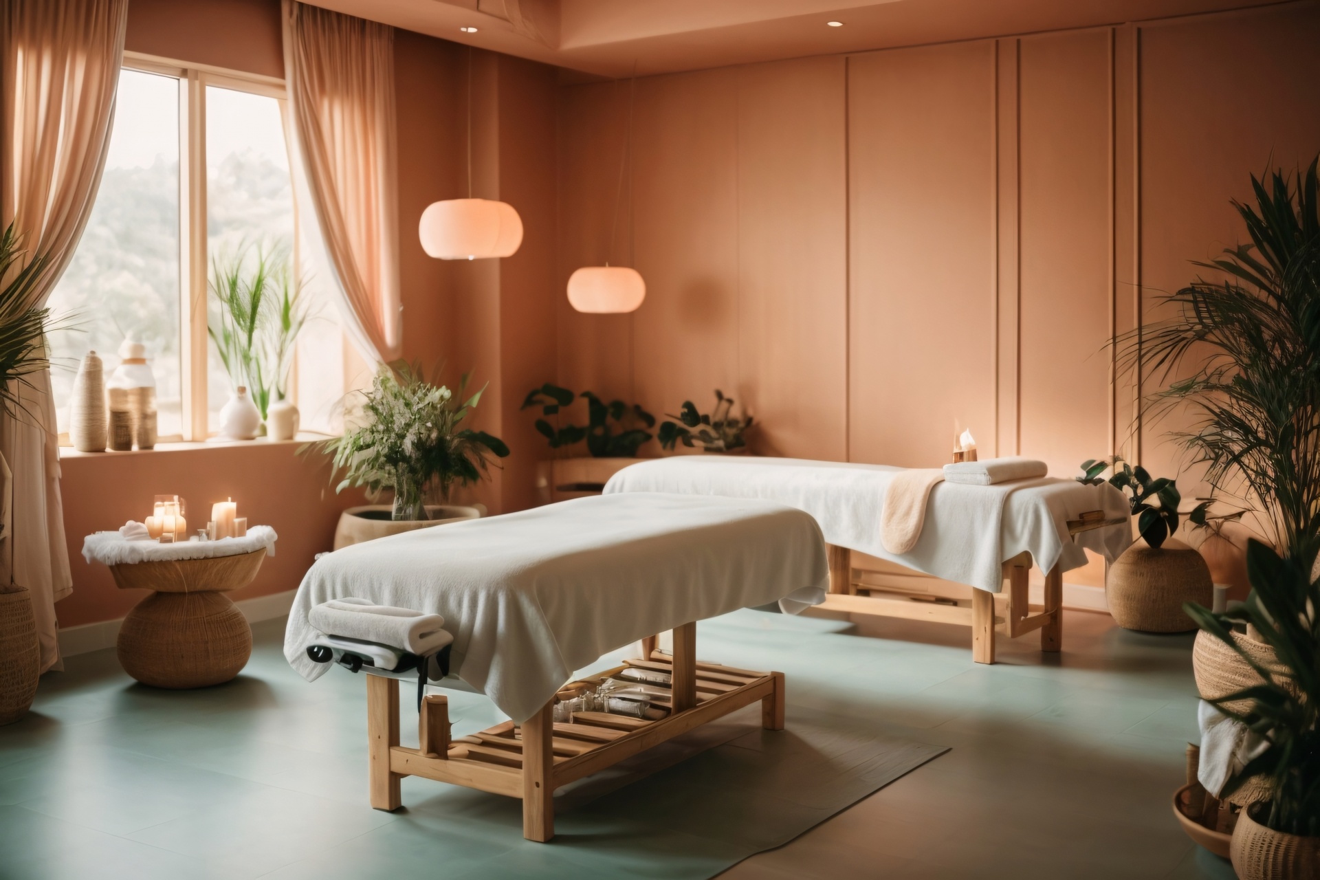 Serene massage studio treatment room with a prepared table